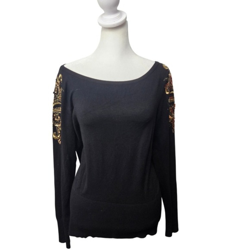 Cache Black Embellished Open Back Sweater  Lg Viscose Nylon‎ Elegant Evening Top